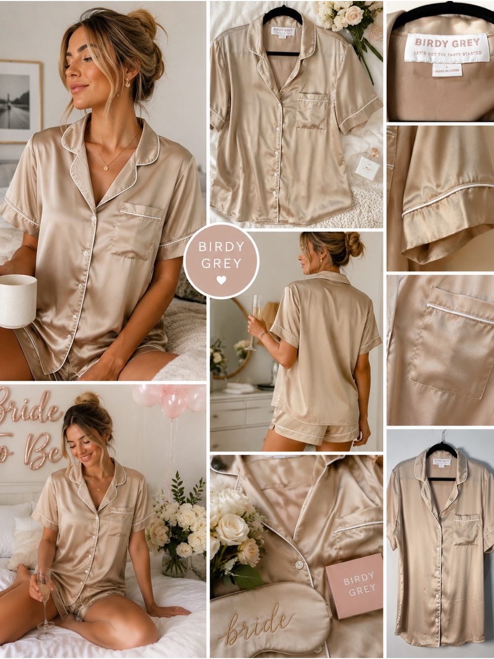 Birdy Grey Pajama Top Large Matte Satin Champagne Beige Bridal Bridesmaid Luxe